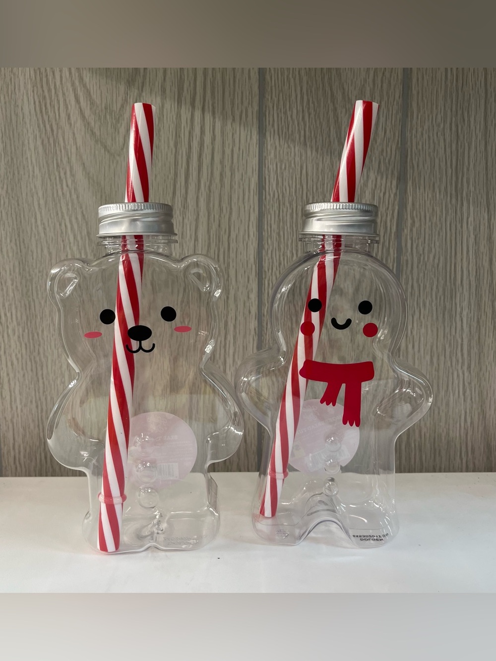 2 Gingerbread Man & Honey Bear  Ornament Sipper Cup With Straw Christmas Clear P